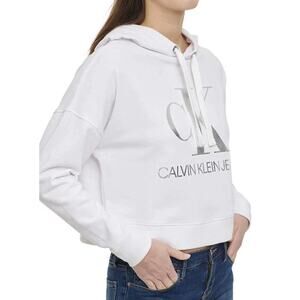Calvin Klein White Graphic Logo Hoodie Sweatshirt Silver Logo Metallic Large